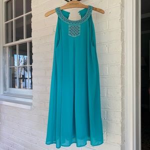 Turquoise High Neck Embroidered Dress